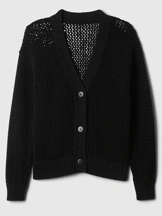 GAP Crochet Cardigan Sweater Black Open Knit Beachy Oversized Button Up Size L - Picture 2 of 16